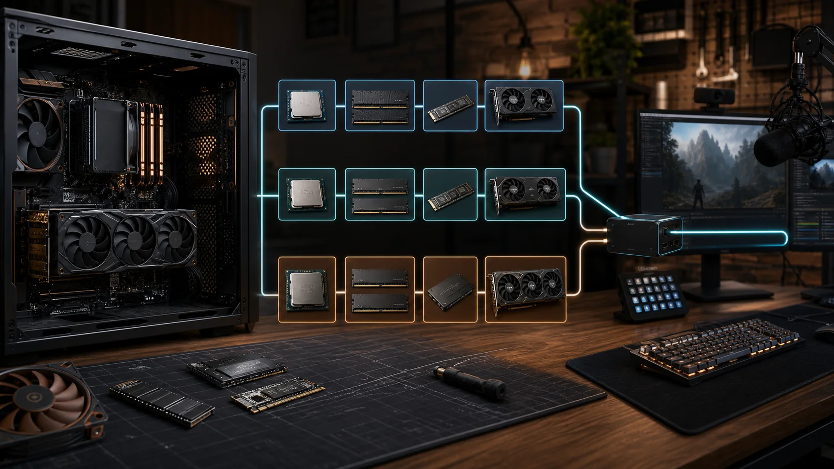 Custom streaming gaming PC components arranged by encoder, processor, memory, storage, and network roles