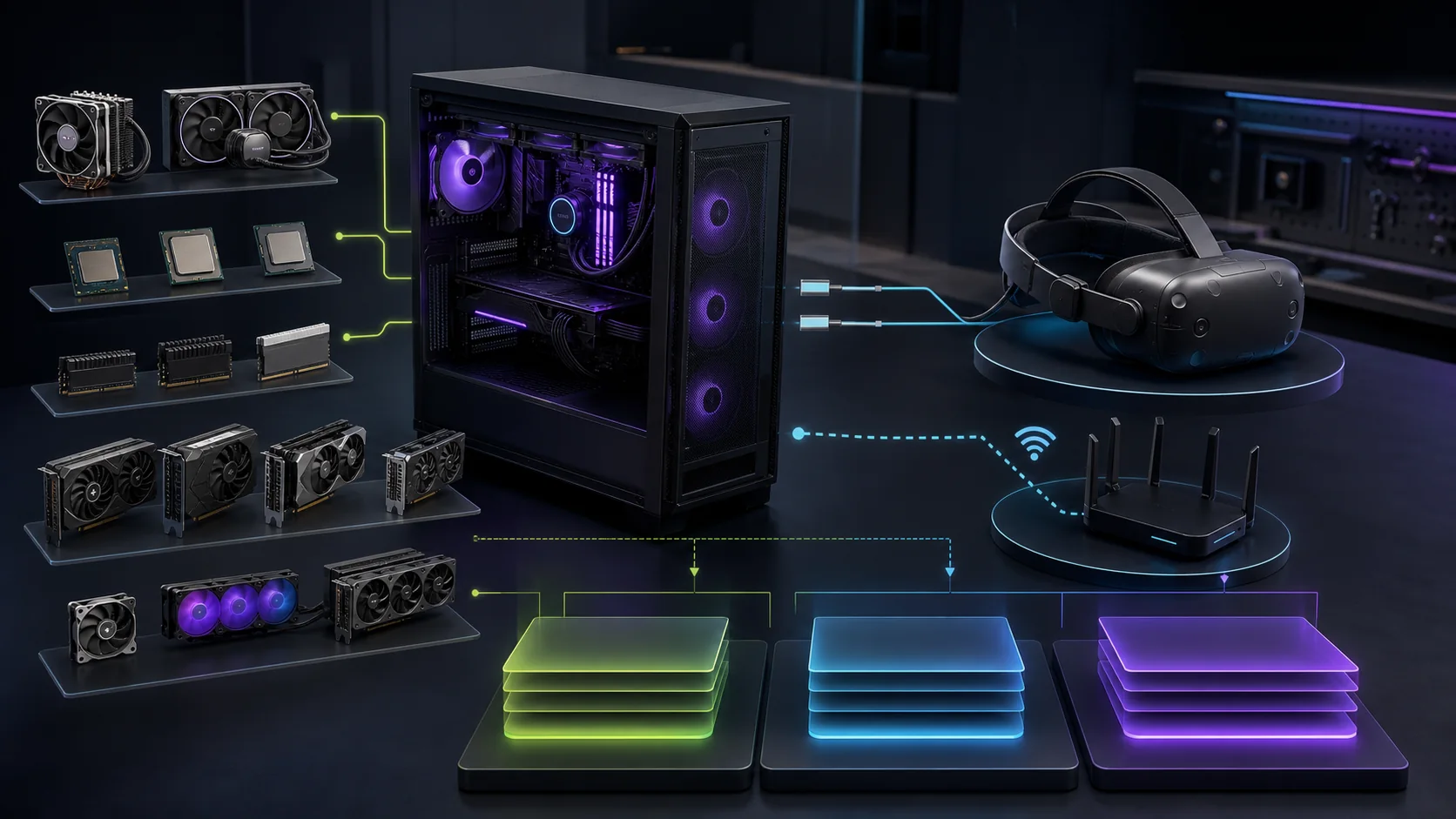 Planning a custom VR gaming PC around headset resolution, connection type, graphics card, ports, and network