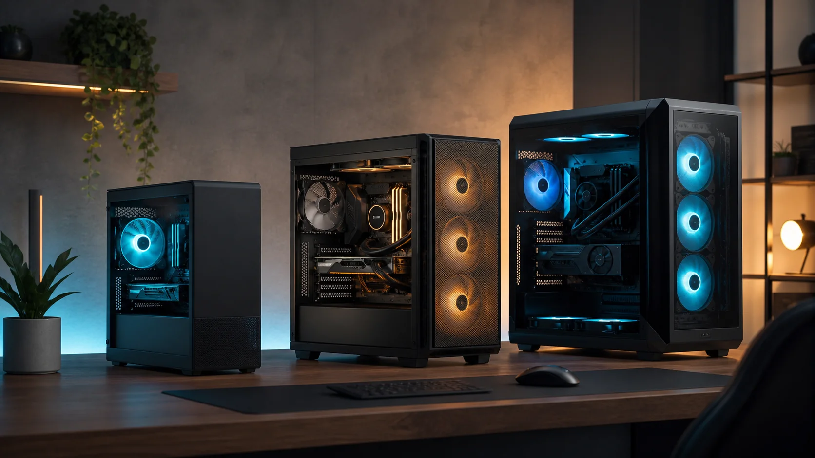 Three desktop gaming PCs with different case sizes and illuminated fans