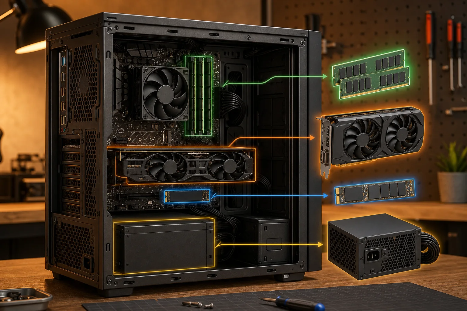 Desktop PC with highlighted memory, graphics card, storage and power supply upgrade options