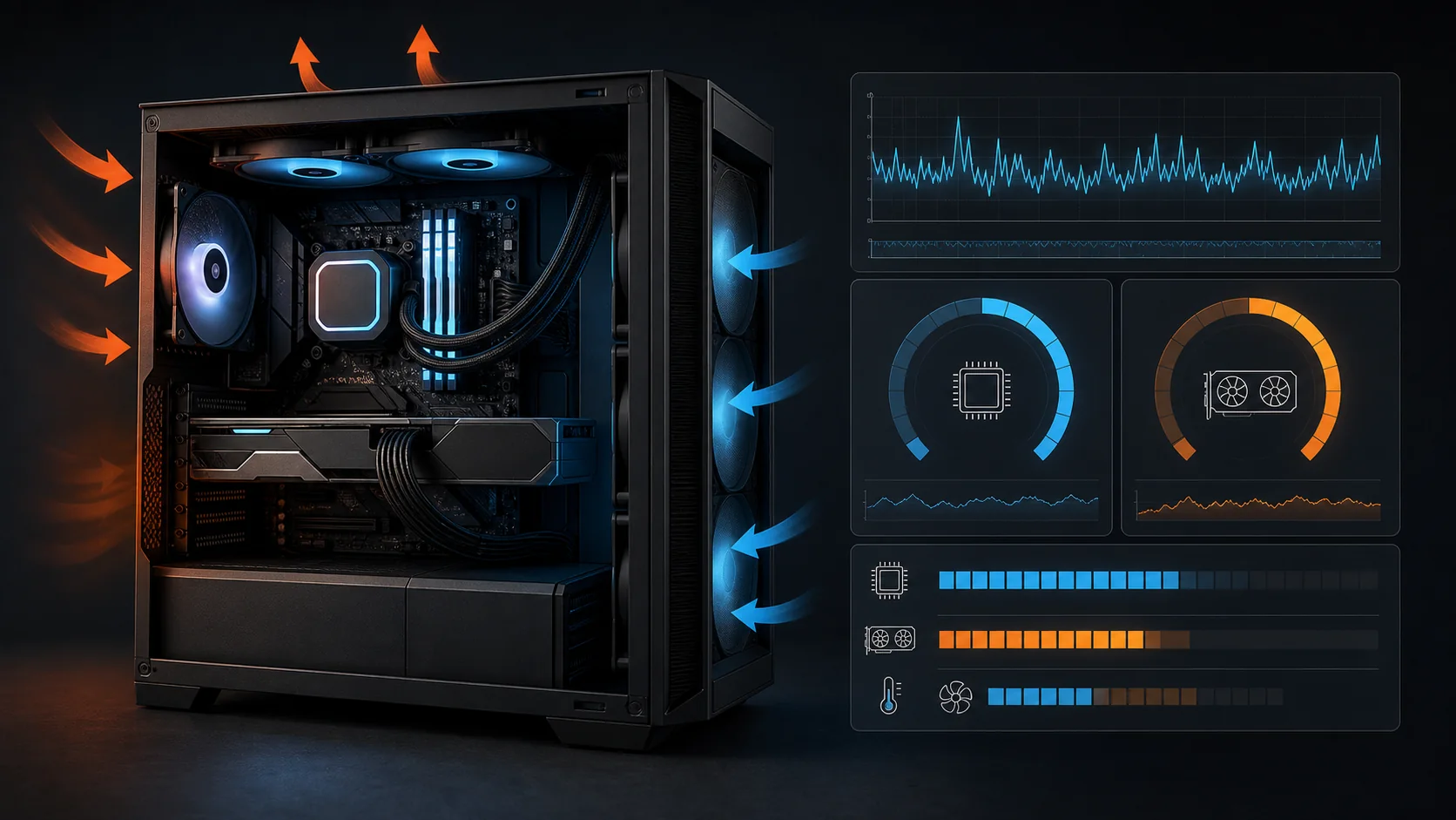 Gaming PC with airflow arrows beside performance graphs and monitoring gauges