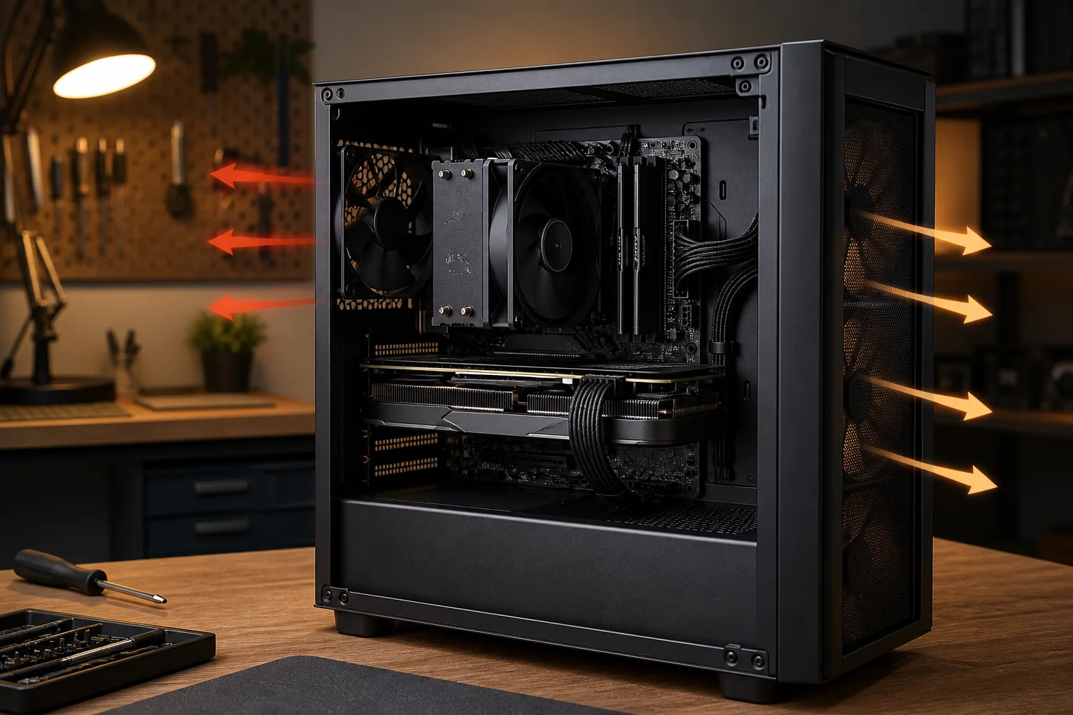 Open custom gaming PC case showing component layout and front-to-back airflow paths