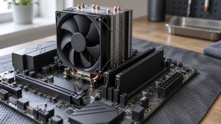 Motherboard with a CPU cooler and memory modules.