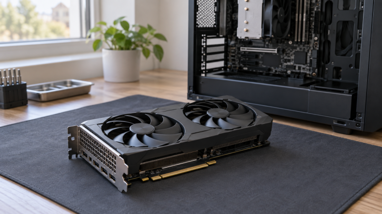 Graphics card beside an open desktop computer on a workbench.