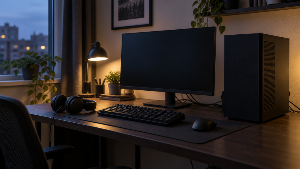 Compact desktop gaming setup on a desk.