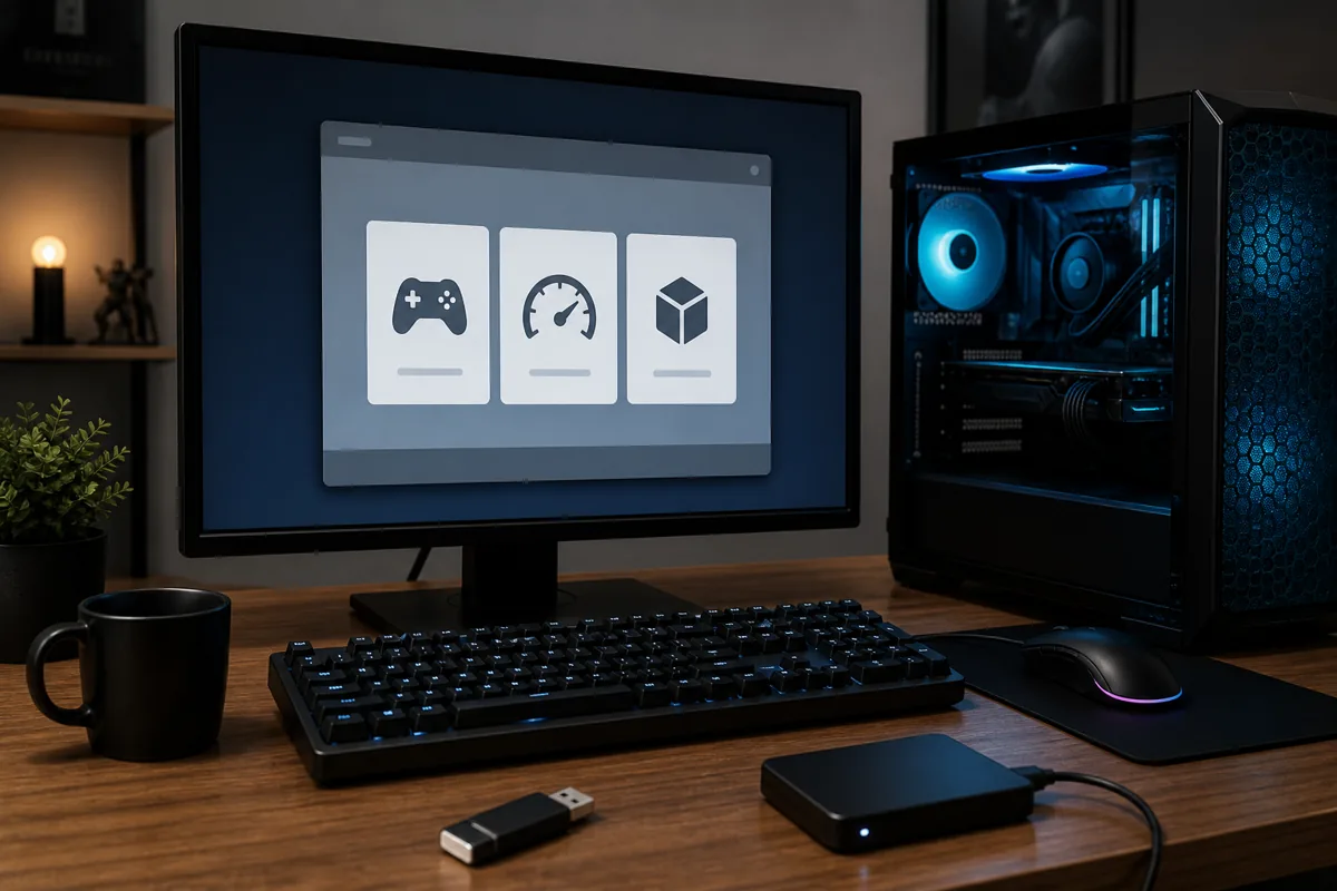 Gaming desktop with a USB installer and external backup drive beside a software-selection display