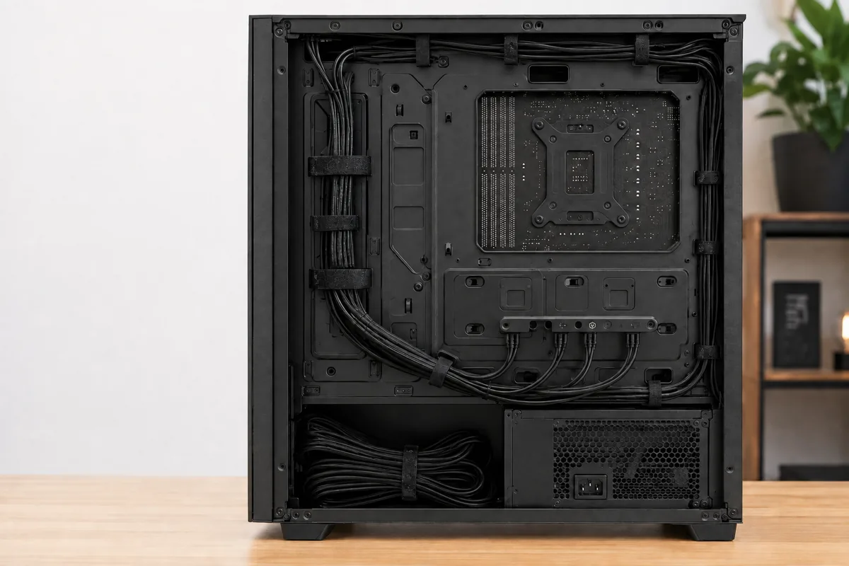 Power cables secured with reusable straps along the back of a desktop motherboard tray