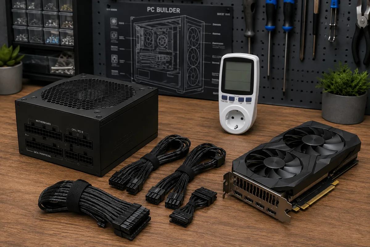 Closed desktop power supply with modular cables, a graphics card and a plug-in power meter